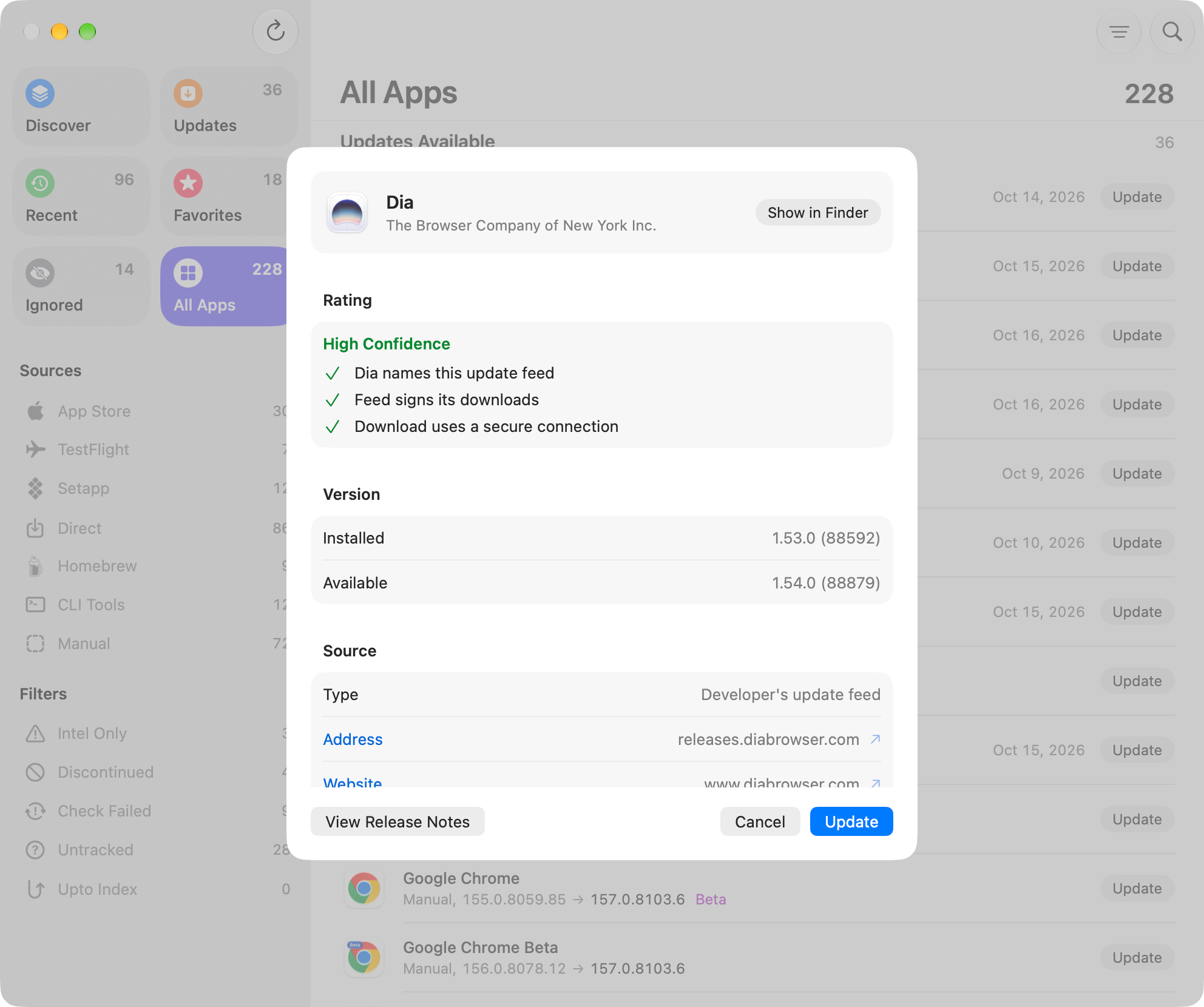 About This Update: where an update comes from, its rating, and its version