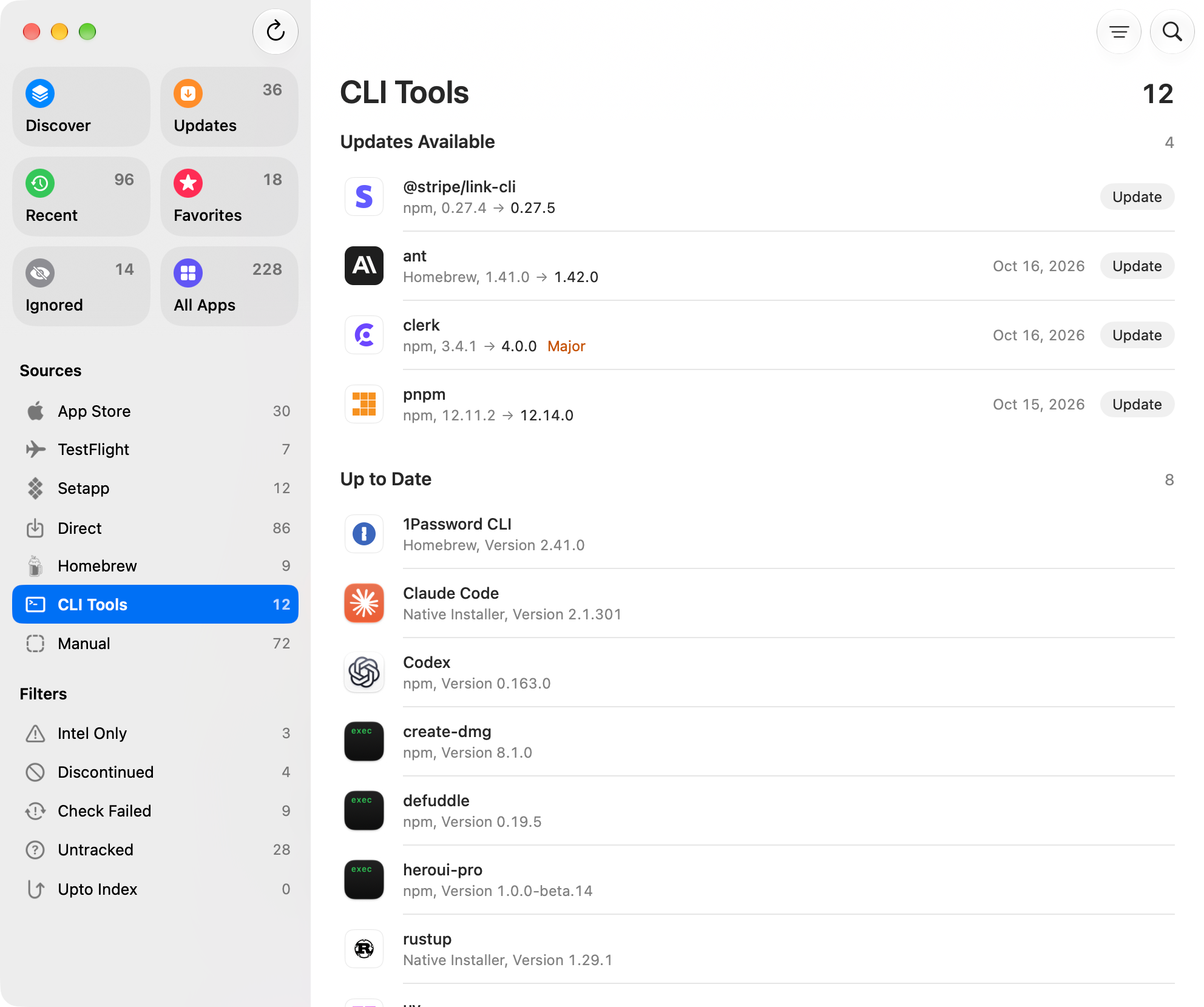 The Upto window: command-line tools, each with its update